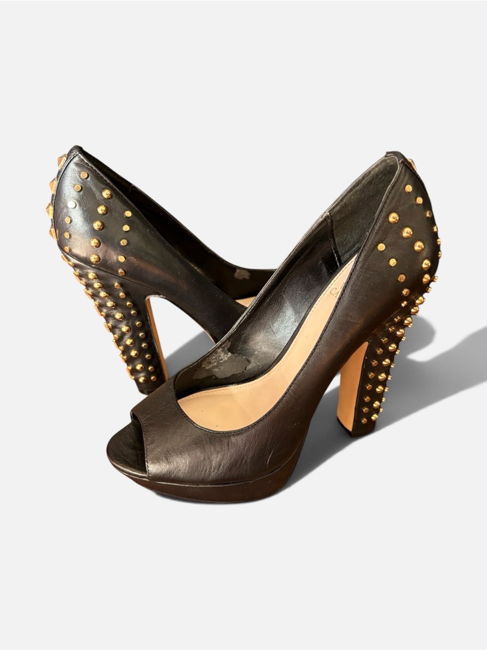 Vince Camuto Mandie Black Leather Gold Stud Platform | Size 7.5 | Peep-Toe Heels